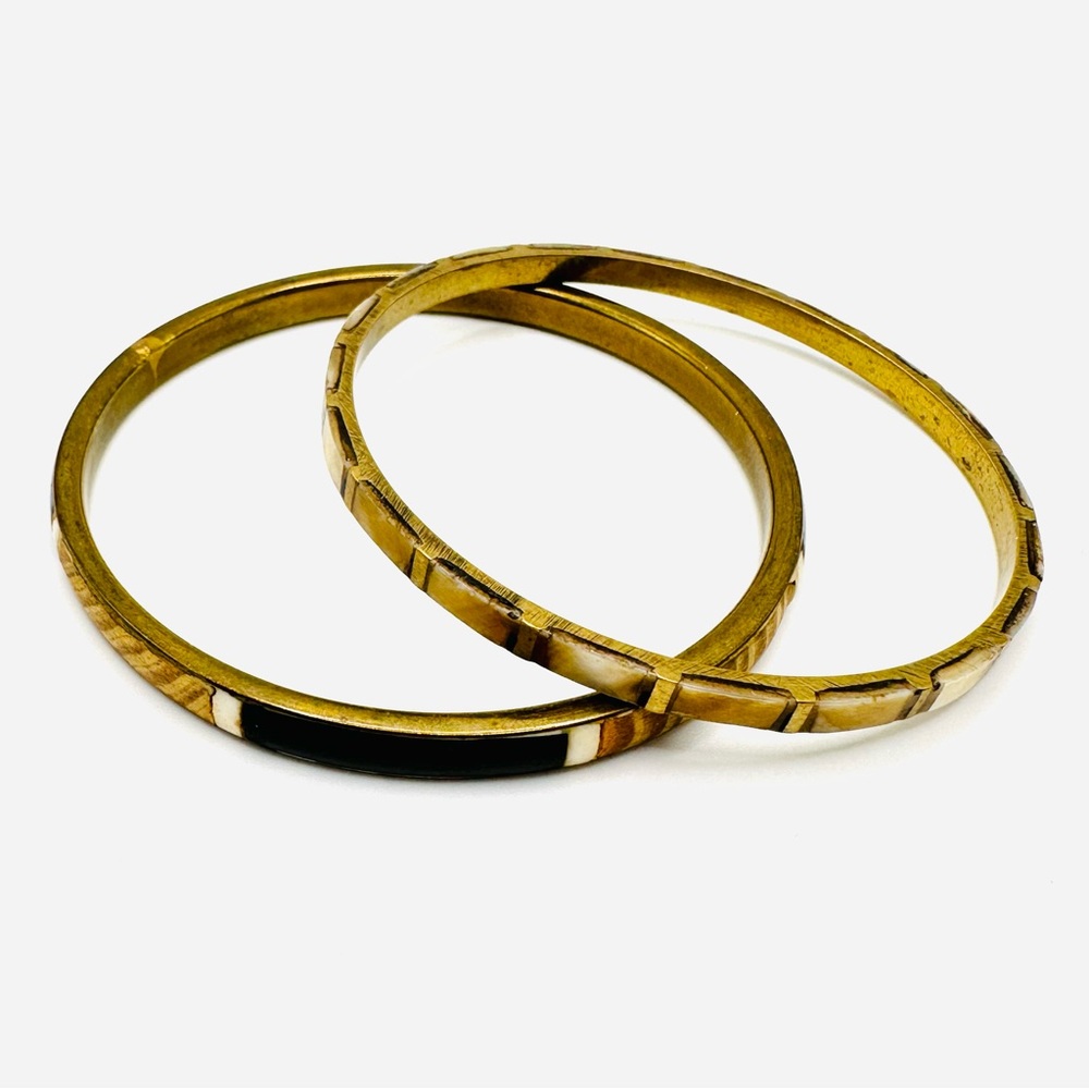 Two Brass Neutral Bangle Bracelets Inlay with Wood, Enamel & Mother of Pearl